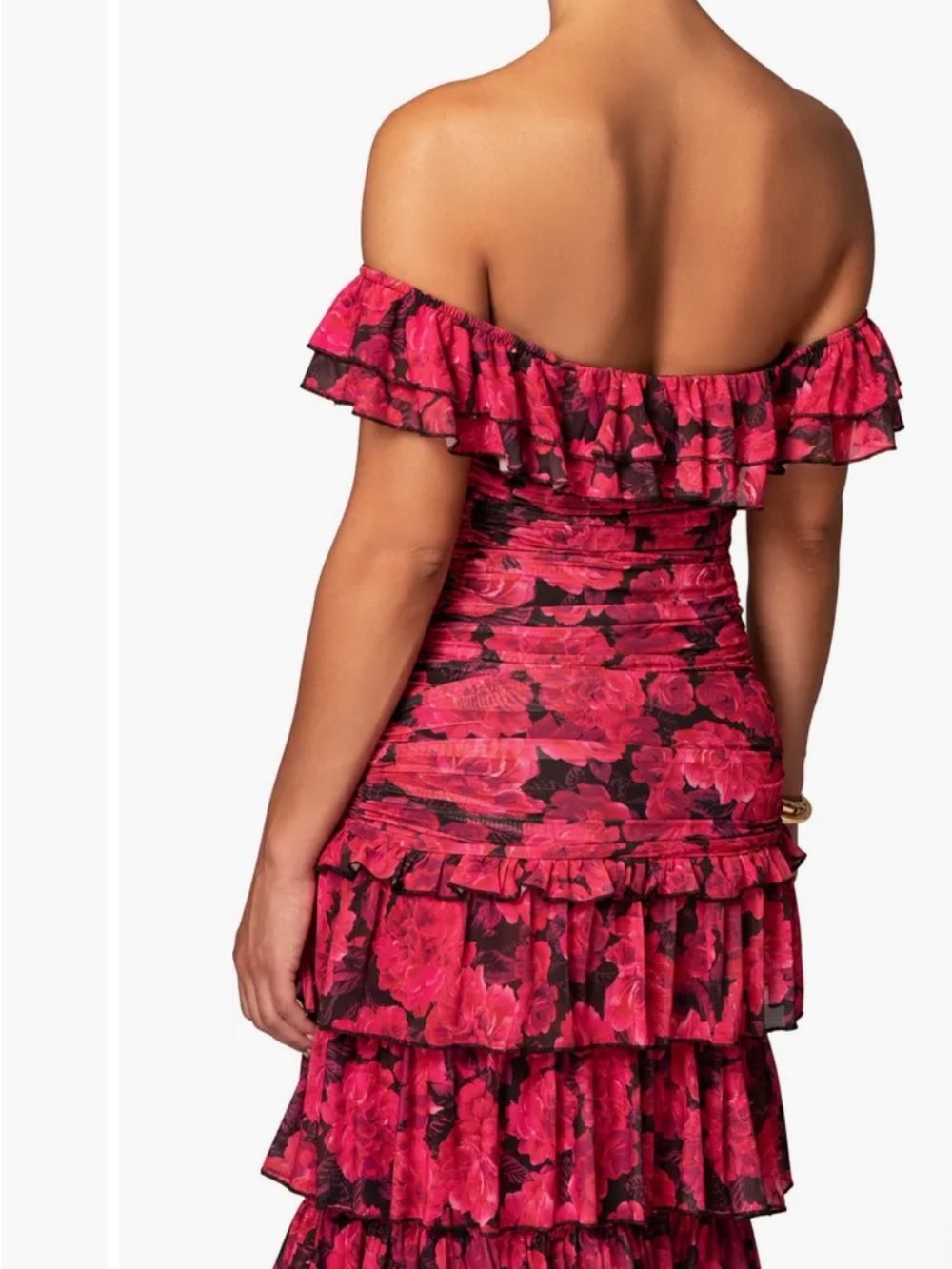 Off-Shoulder Red Floral Ruffle Maxi Dress - Picture 6 of 9